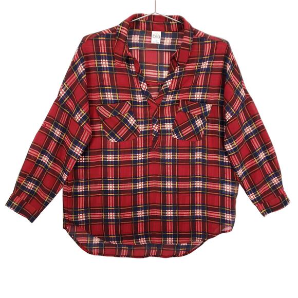 Bila Blouse Women Small Red Plaid Roll Tab Sleeve Collared V Neck Sheer Pullover - Picture 1 of 10
